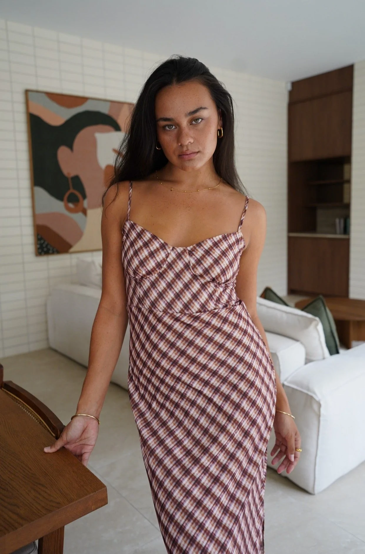 MARGOT SLIP MIDI DRESS BROWN CHECK - Image 2