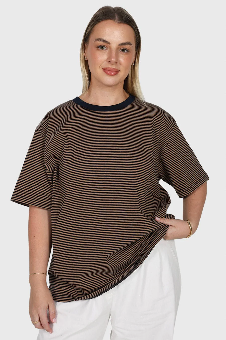 SPENCER STRIPE TEE TAN/NAVY - Image 3